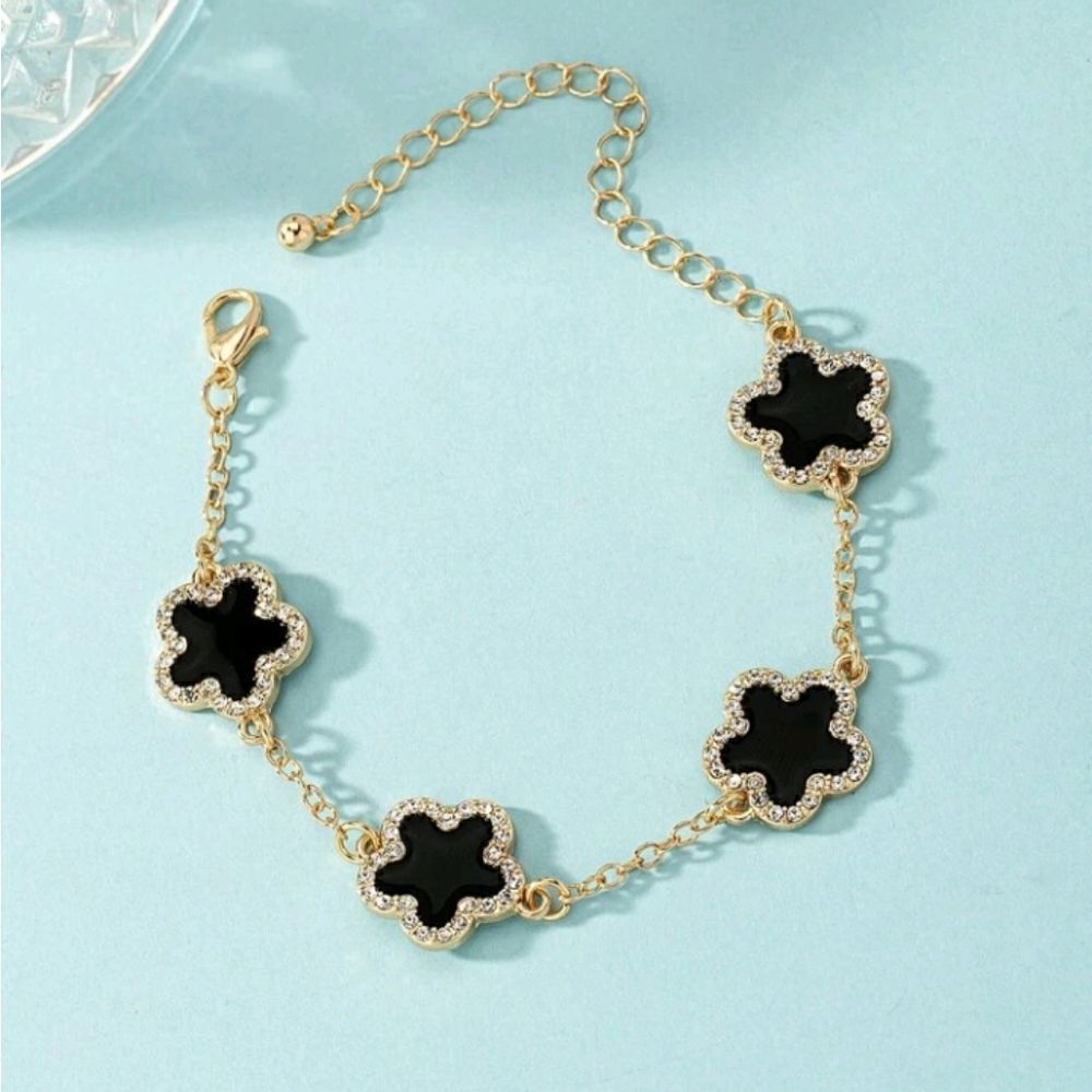 Chic Black Five Leaf Diamond Clover Gold bracelet